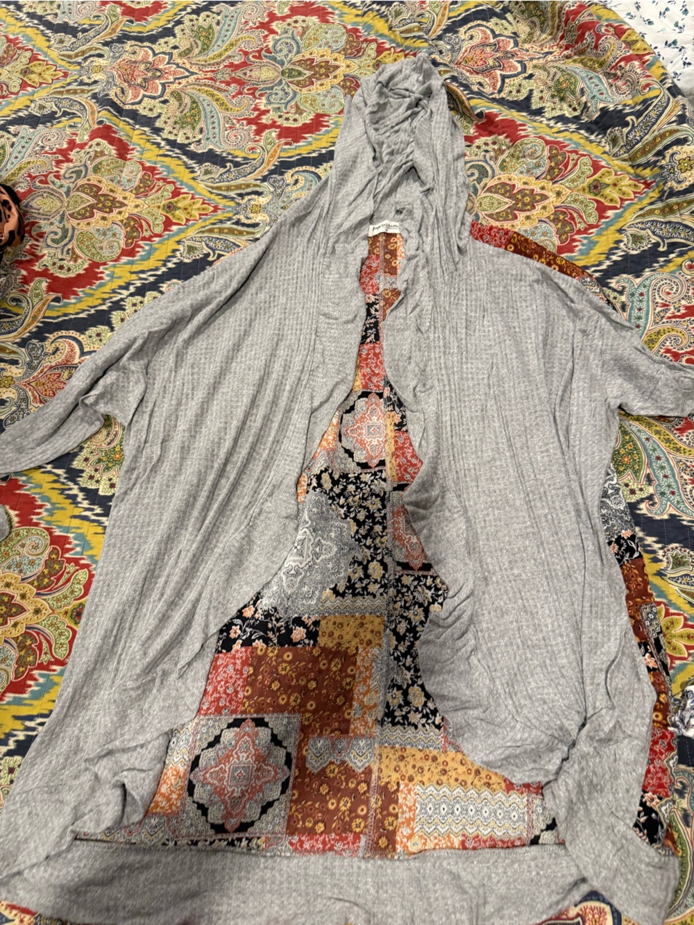 Impressions Heather Gray Knit Cardigan with Rust Floral Trim
